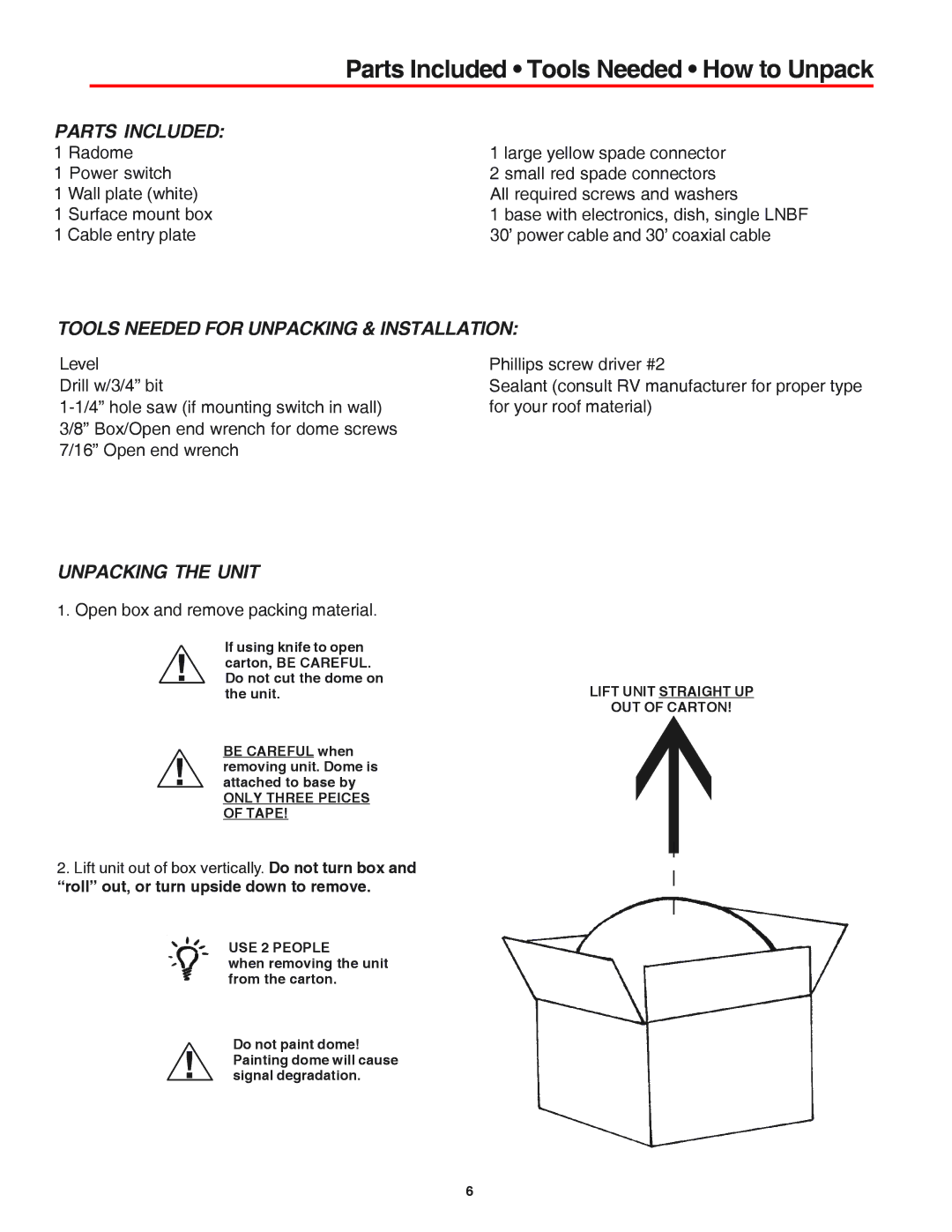 Winegard MV-4002 manual Parts Included, Tools Needed for Unpacking & Installation, Unpacking the Unit 