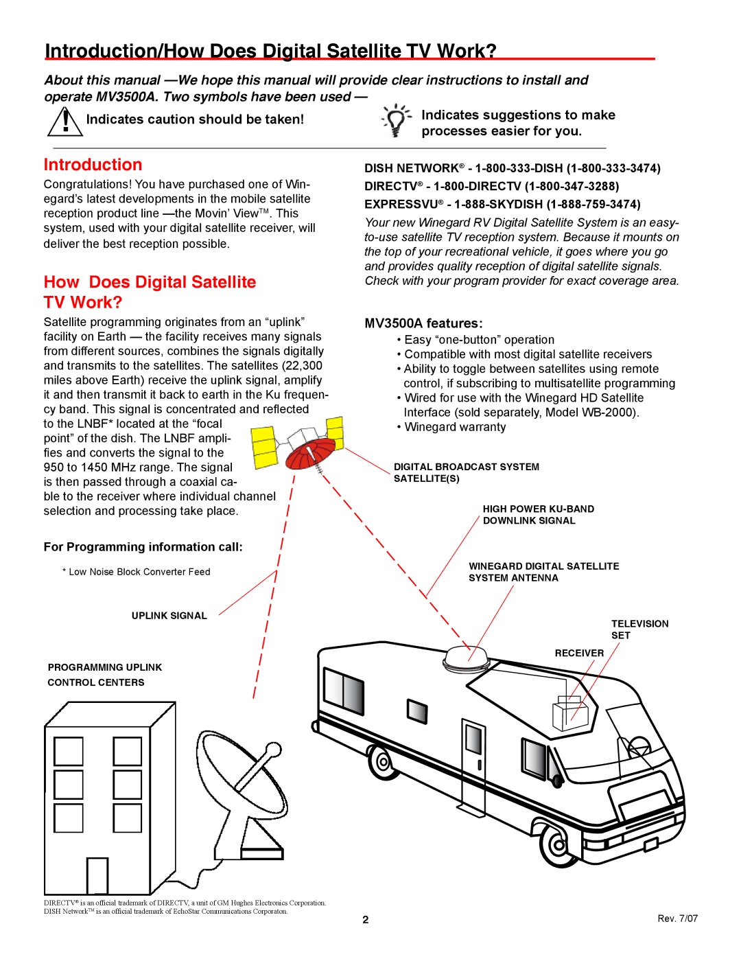 Winegard MV3535A manual Introduction/How Does Digital Satellite TV Work?, MV3500A features 