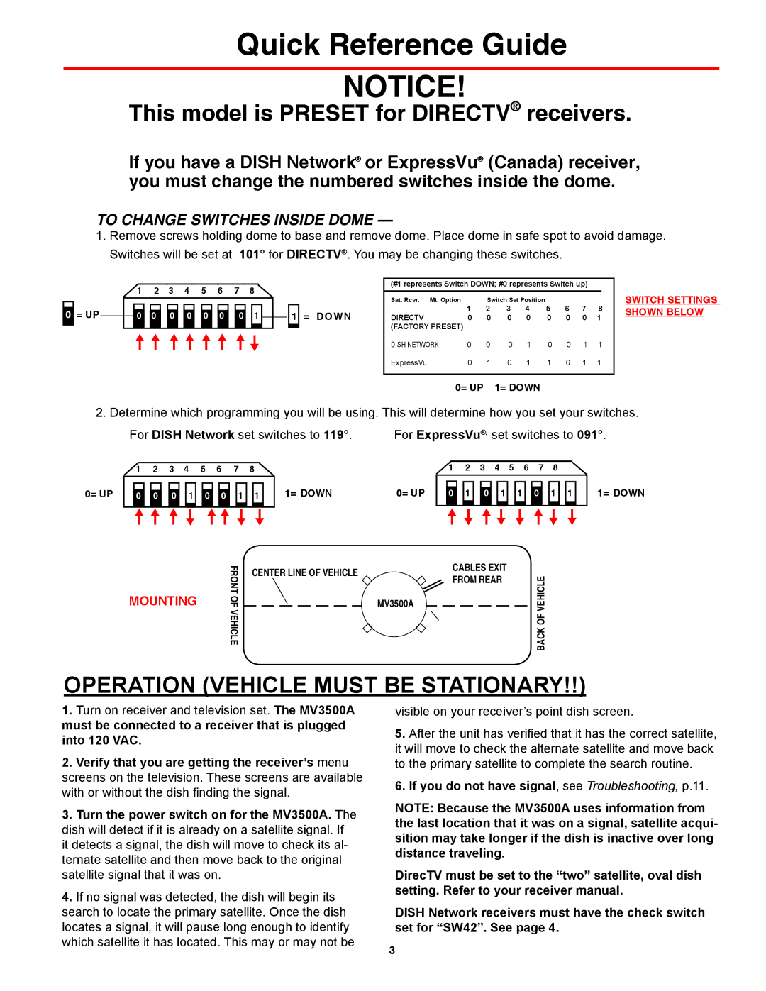 Winegard MV3500A, MV3535A manual Quick Reference Guide, To Change Switches Inside Dome 