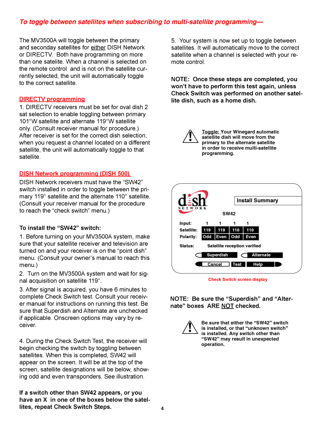 Winegard MV3535A, MV3500A manual Directv programming, To install the SW42 switch 