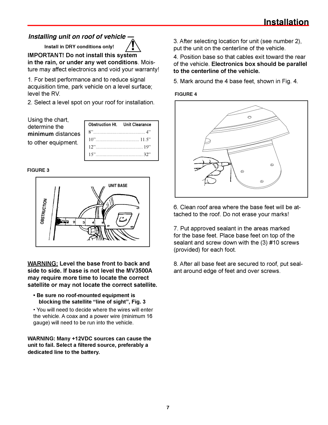 Winegard MV3500A, MV3535A manual Installation, IMPORTANT! Do not install this system 