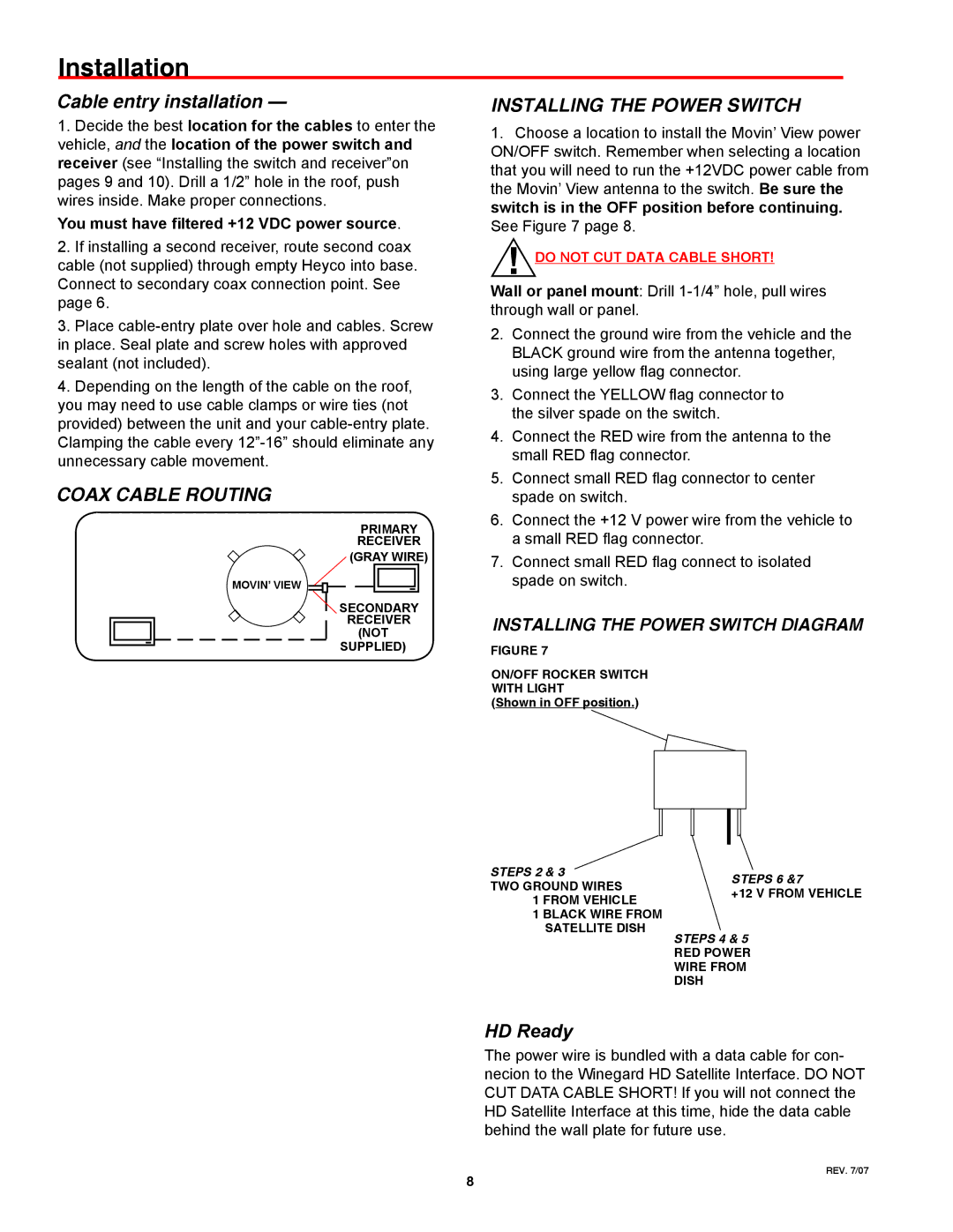 Winegard MV3535A, MV3500A manual Coax Cable Routing, Installing the Power Switch 