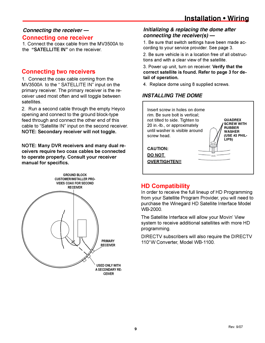 Winegard MV3500A, MV3535A manual Installation Wiring, Installing the Dome 