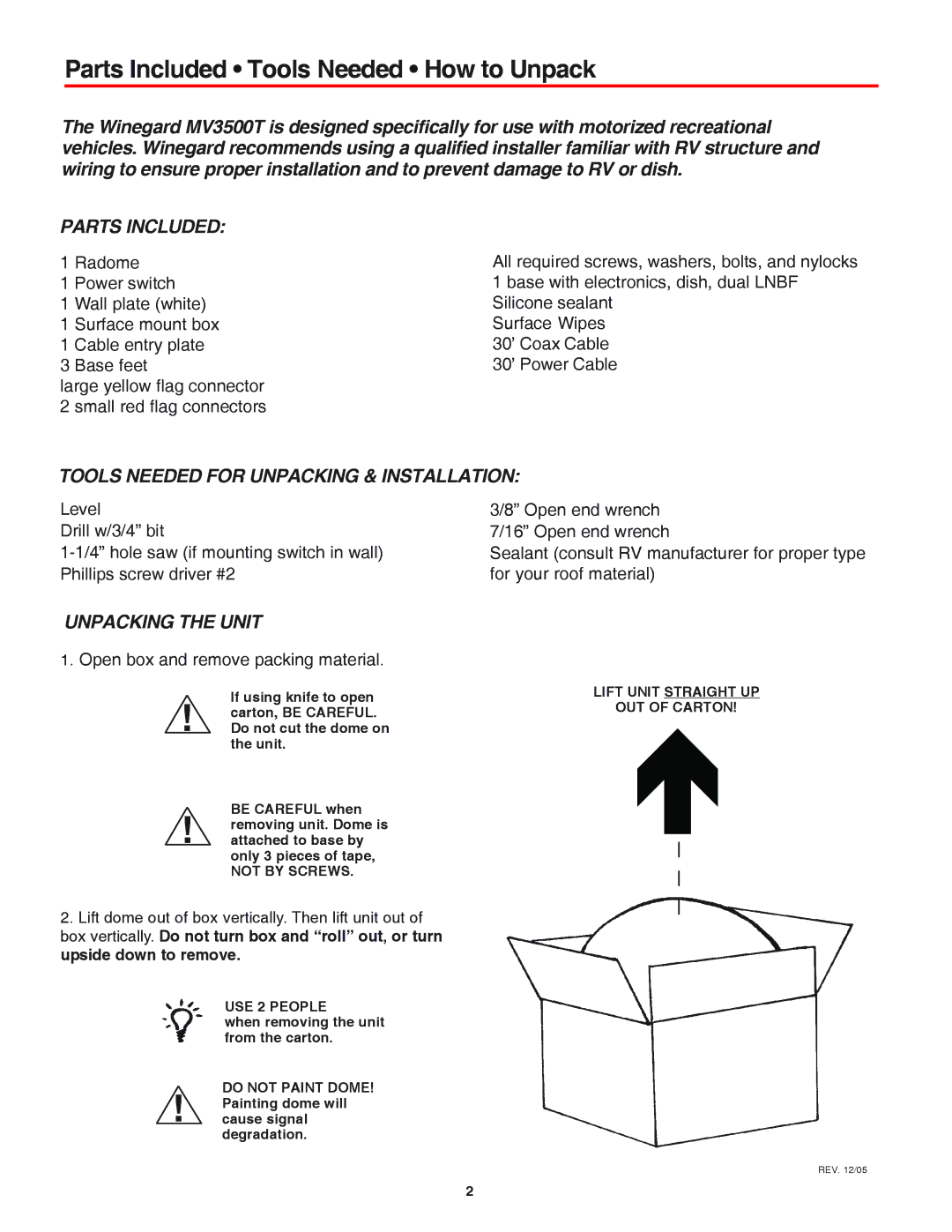 Winegard WI3535T Parts Included Tools Needed How to Unpack, Tools Needed for Unpacking & Installation, Unpacking the Unit 