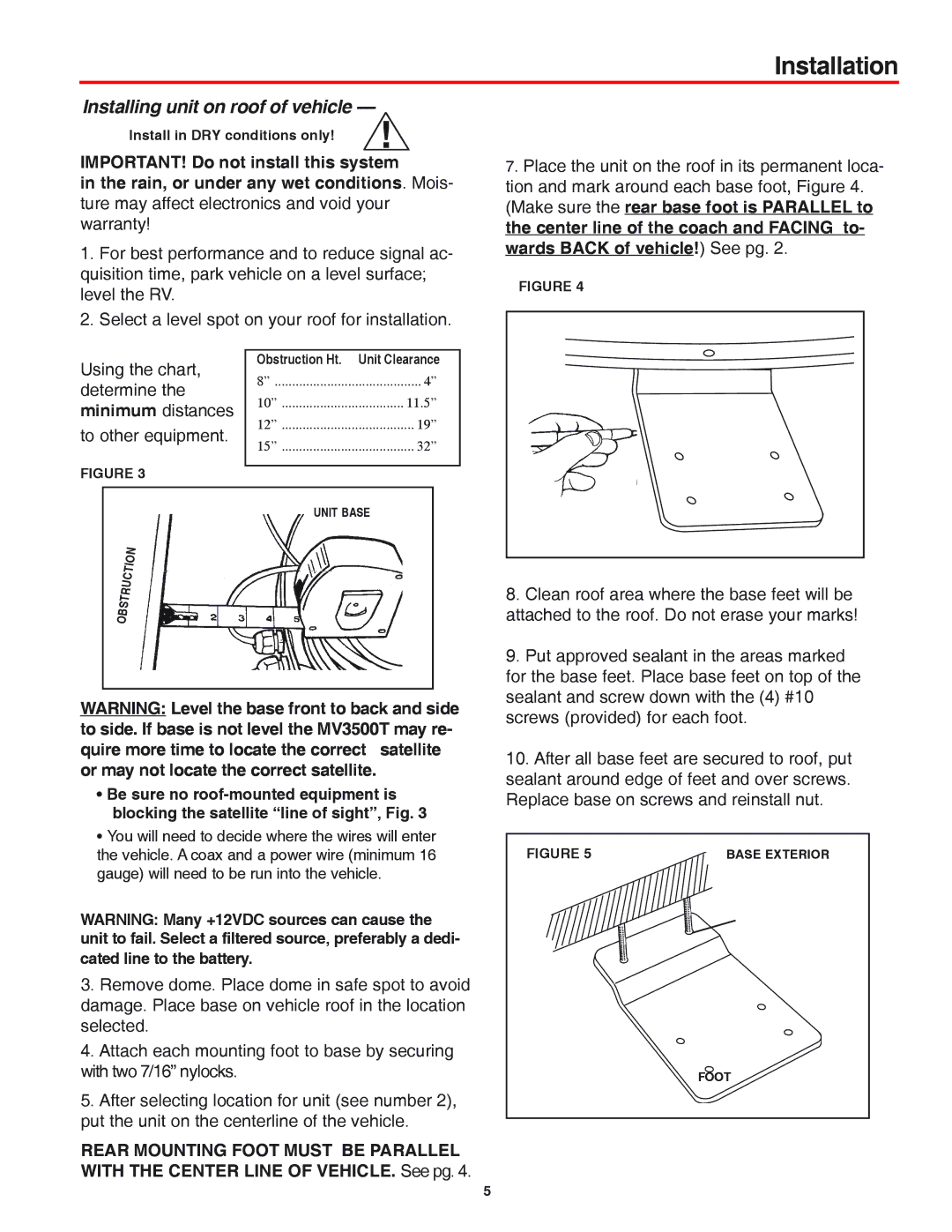 Winegard MV3535T, MV3500T, WI3535T, MVT-35W, MVT-35B installation manual Installation, Installing unit on roof of vehicle 