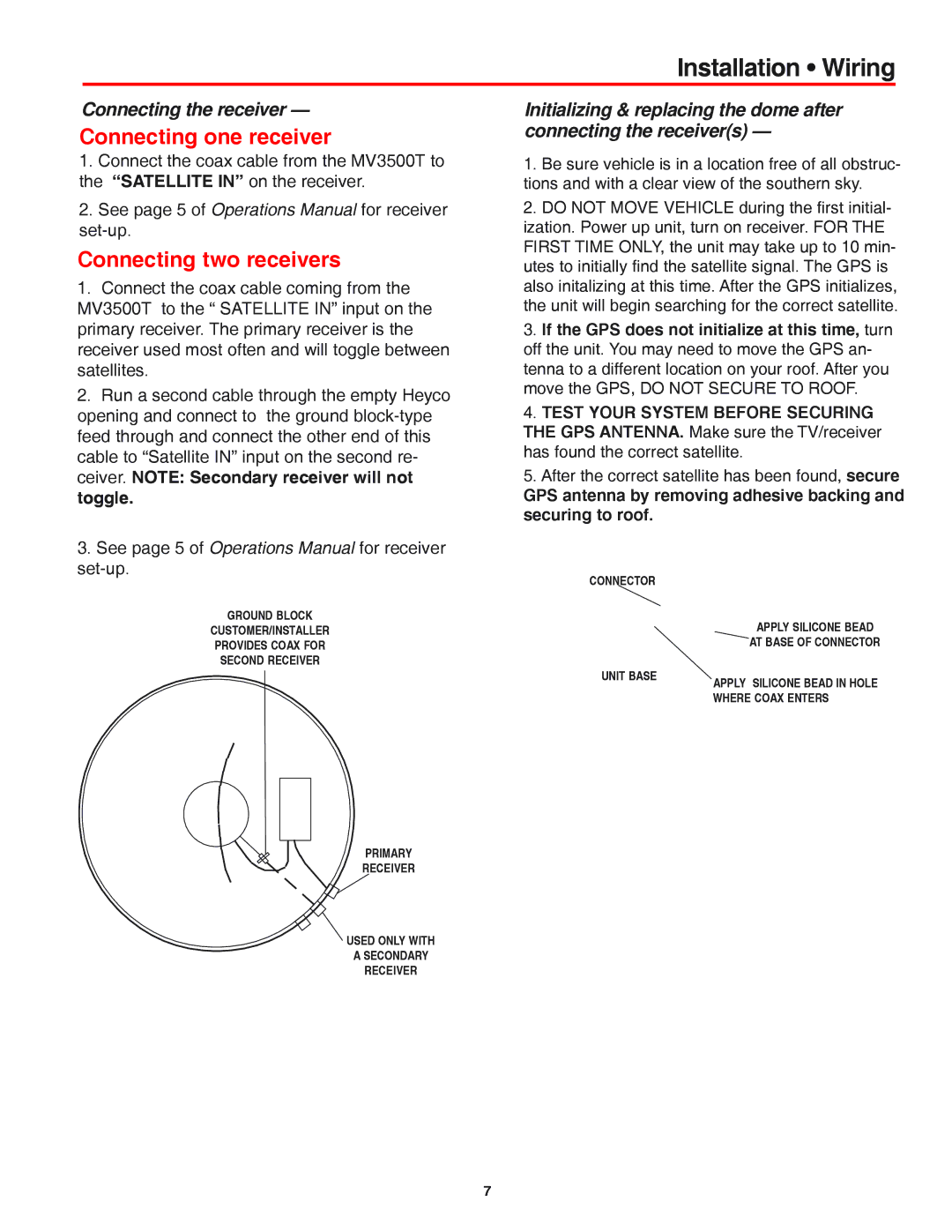 Winegard WI3535T, MV3535T, MV3500T, MVT-35W, MVT-35B installation manual Installation Wiring, Connecting one receiver 