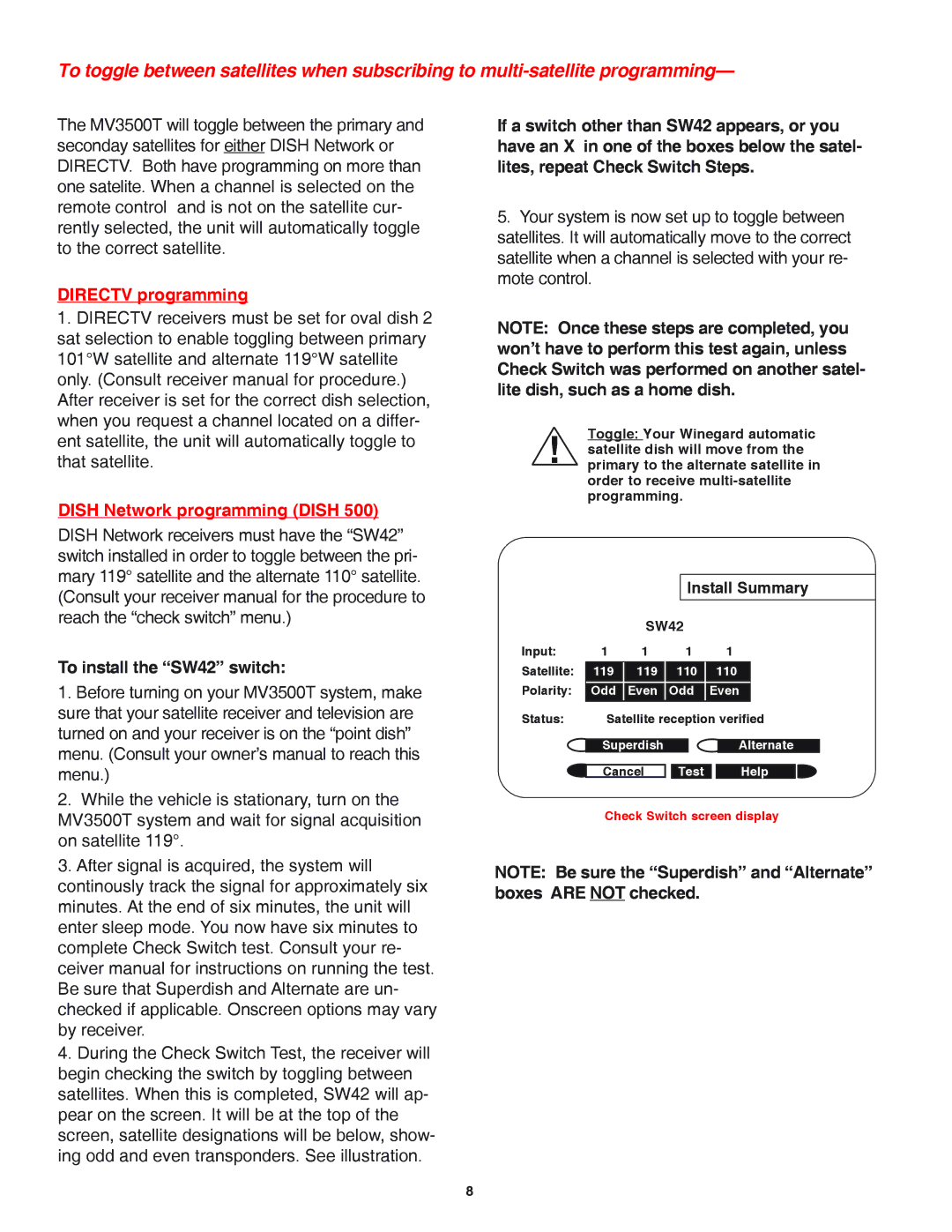 Winegard MVT-35W, MV3535T, MV3500T, WI3535T, MVT-35B installation manual Directv programming 