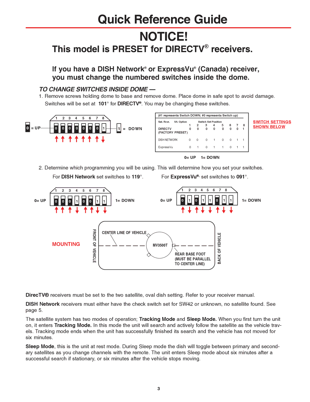 Winegard MVT-35W, MV3535T, MV3500T, WI3535T, MVT-35B Quick Reference Guide, This model is Preset for Directv receivers 