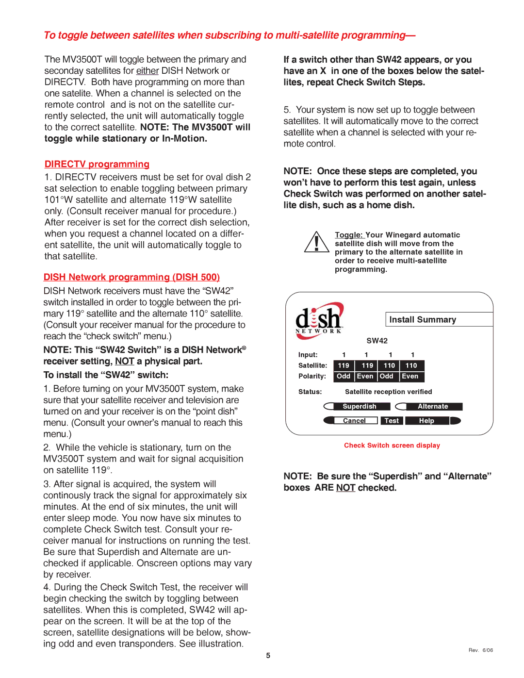 Winegard MV3535T, MV3500T, WI3535T, MVT-35W, MVT-35B operation manual Directv programming, To install the SW42 switch 