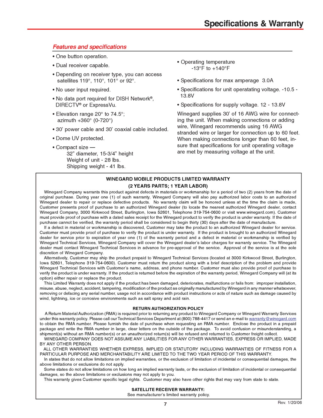 Winegard WI3535T, MV3535T, MV3500T, MVT-35W, MVT-35B operation manual Specifications & Warranty, Features and specifications 