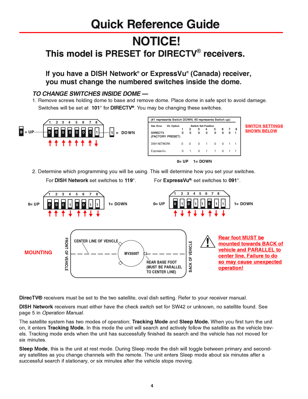 Winegard MVT-35B Quick Reference Guide NOTICE, This model is PRESET for DIRECTV receivers, To Change Switches Inside Dome 