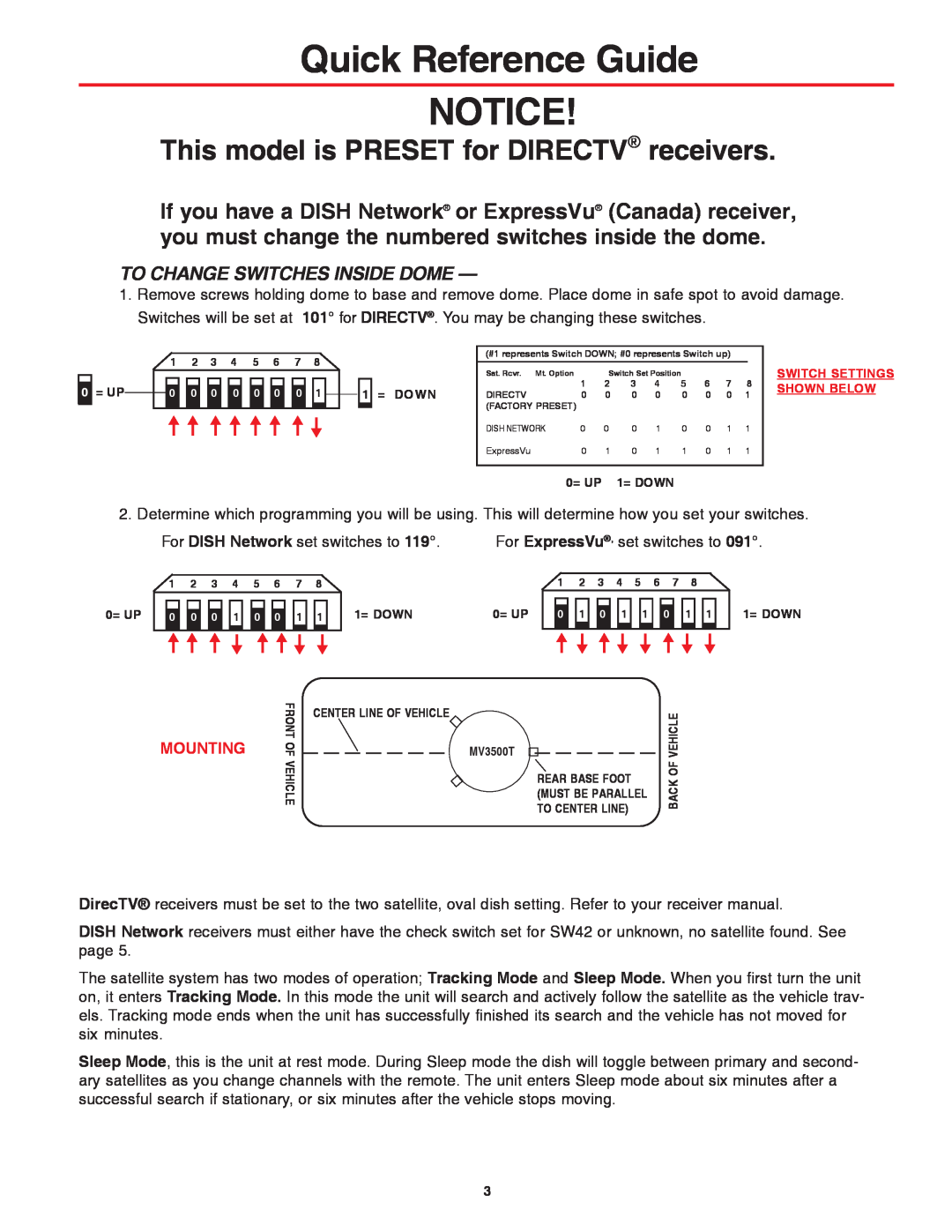 Winegard MVT-35W Quick Reference Guide NOTICE, This model is PRESET for DIRECTV receivers, To Change Switches Inside Dome 