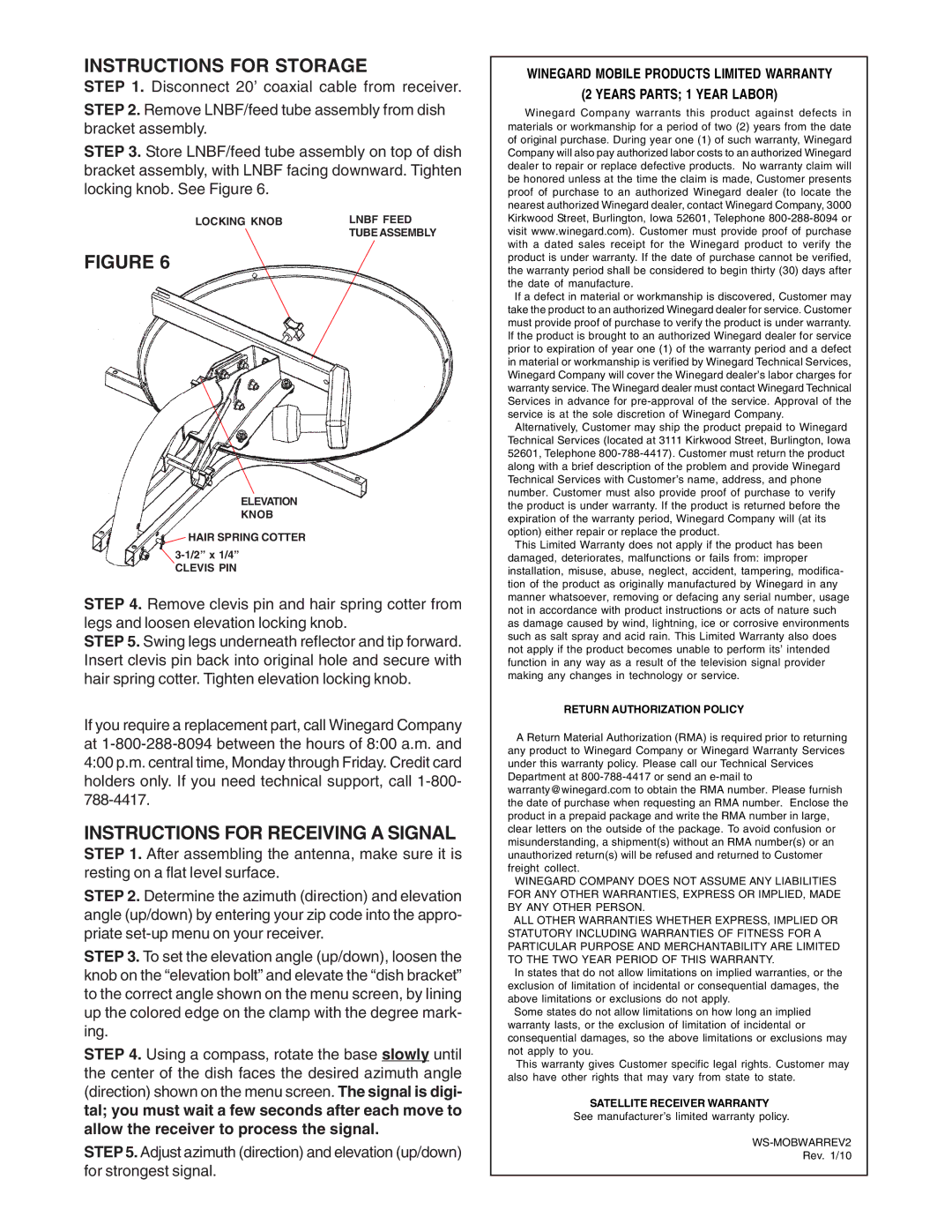 Winegard PM-2000 manual Instructions for Storage, Instructions for Receiving a Signal 