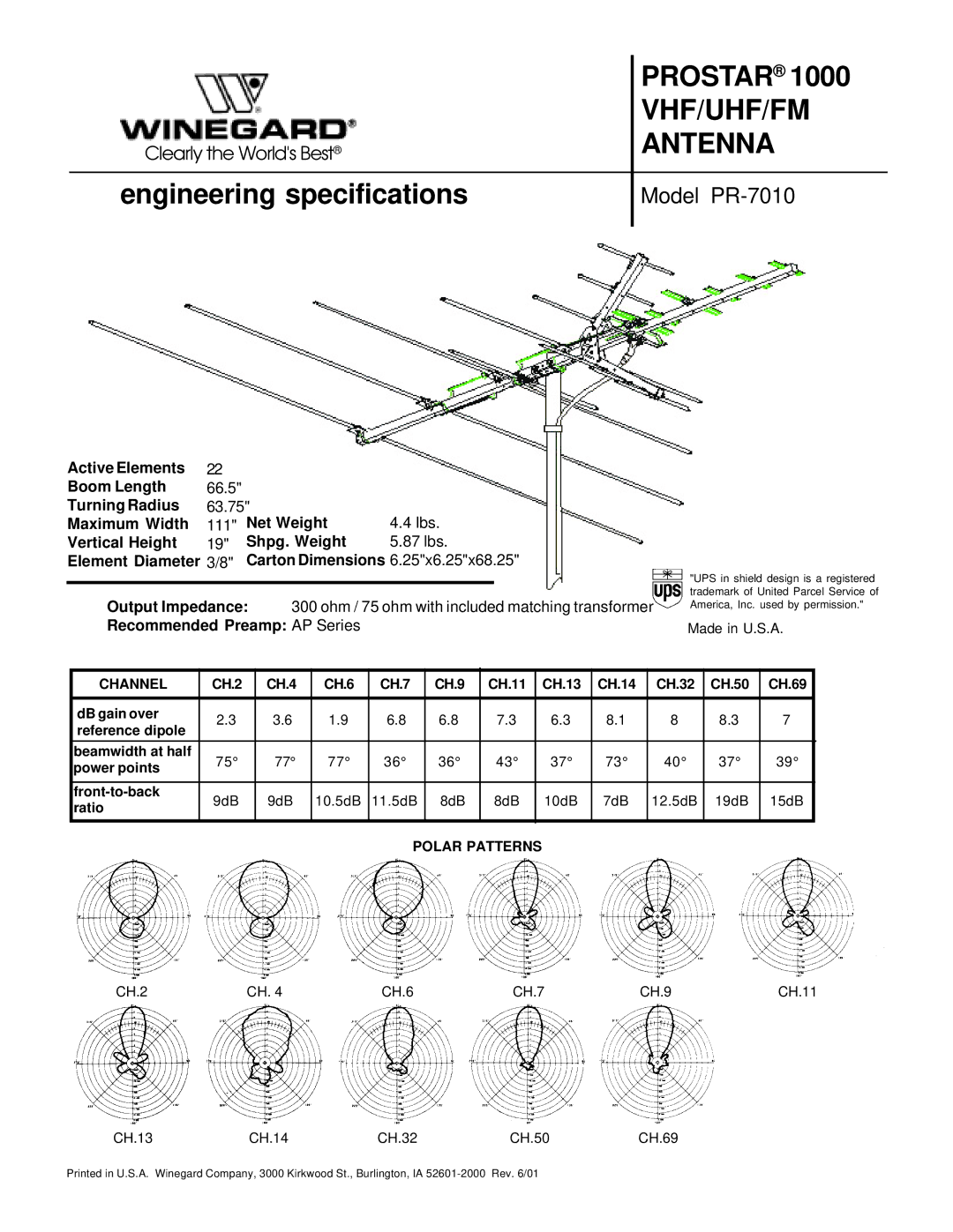 Winegard specifications Prostar, Vhf/Uhf/Fm, Antenna, Engineering specifications, Model PR-7010 