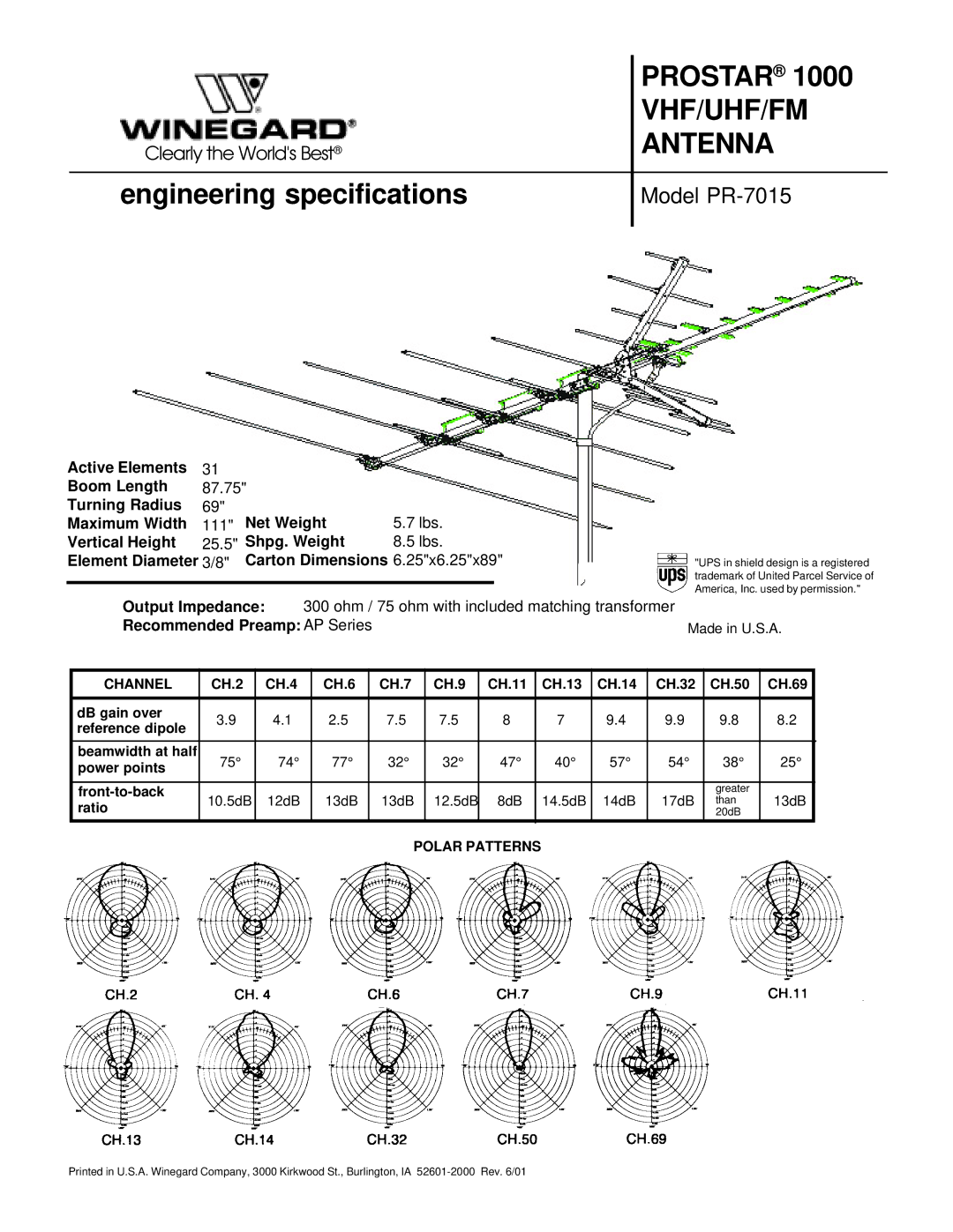 Winegard specifications Prostar, Vhf/Uhf/Fm, Antenna, Engineering specifications, Model PR-7015 