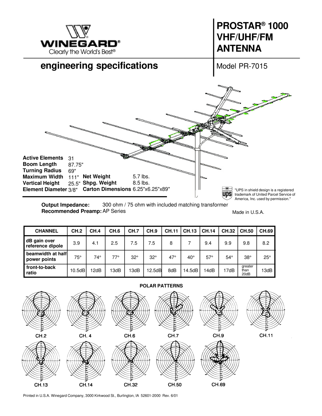 Winegard specifications Prostar, Vhf/Uhf/Fm, Antenna, engineering specifications, Model PR-7015 