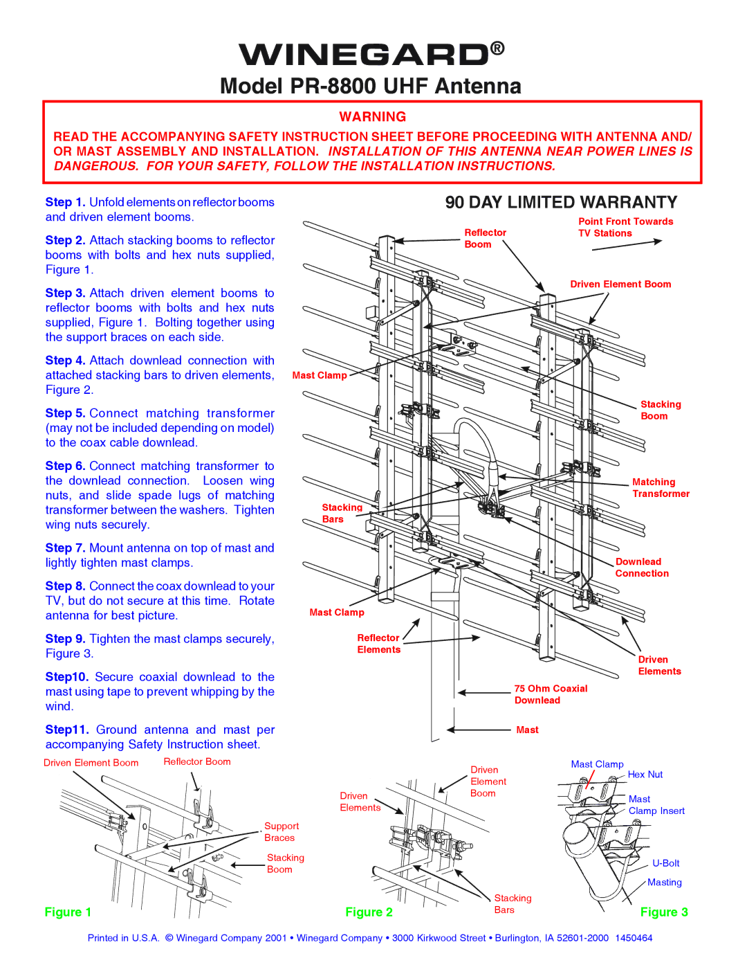 Winegard manual Winegard, Model PR-8800 UHF Antenna, DAY Limited Warranty, Mast 