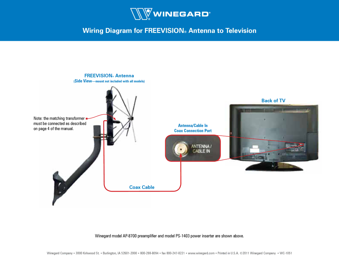 Winegard AP-8700, PS-1403 manual Wiring Diagram for Freevision Antenna to Television, Coax Cable Back of TV 