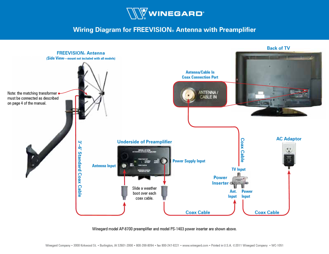 Winegard PS-1403, AP-8700 manual Wiring Diagram for Freevision Antenna with Preamplifier 