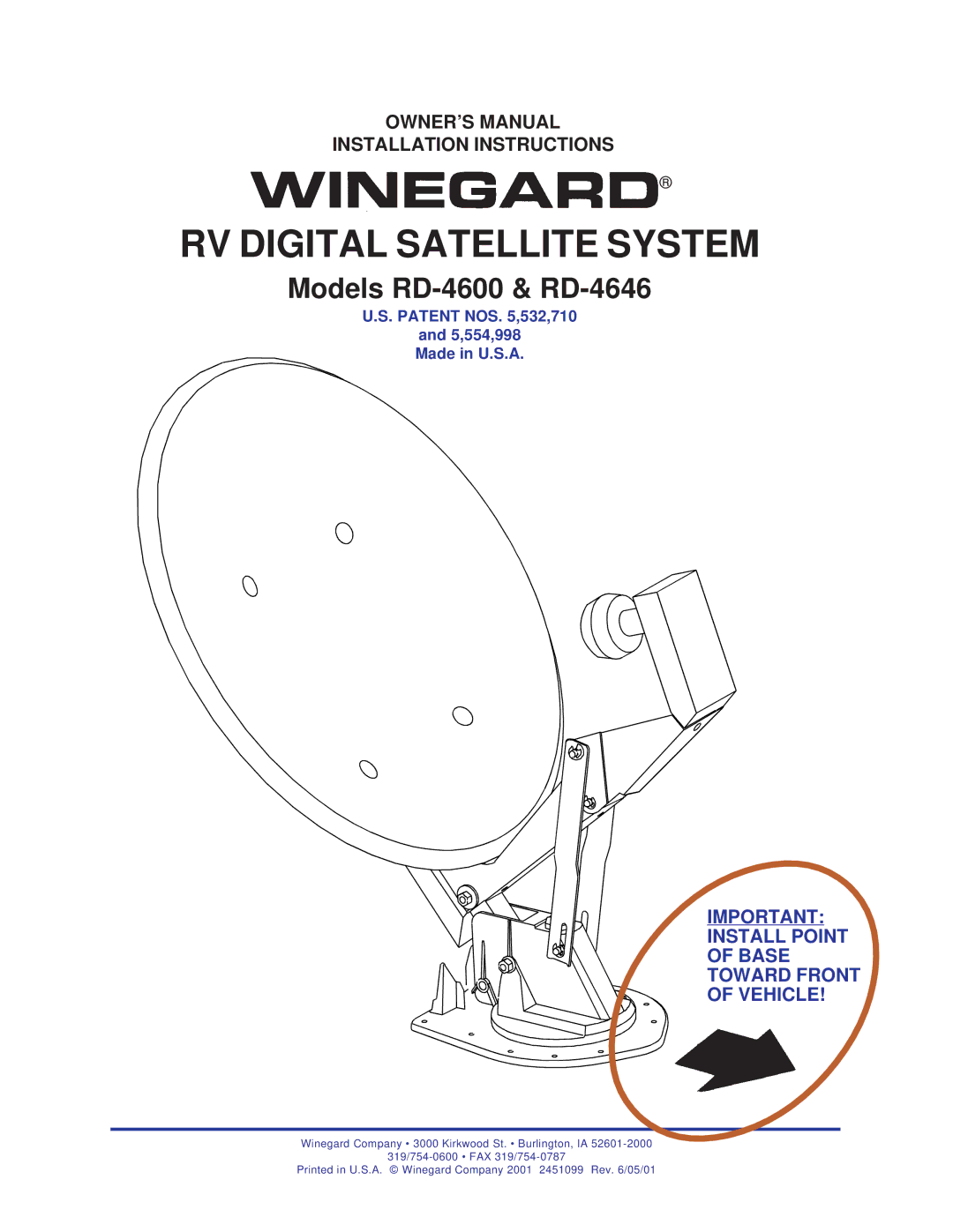 Winegard RD-4646, RD-4600 owner manual Installation Instructions, Install Point Base Toward Front Vehicle 