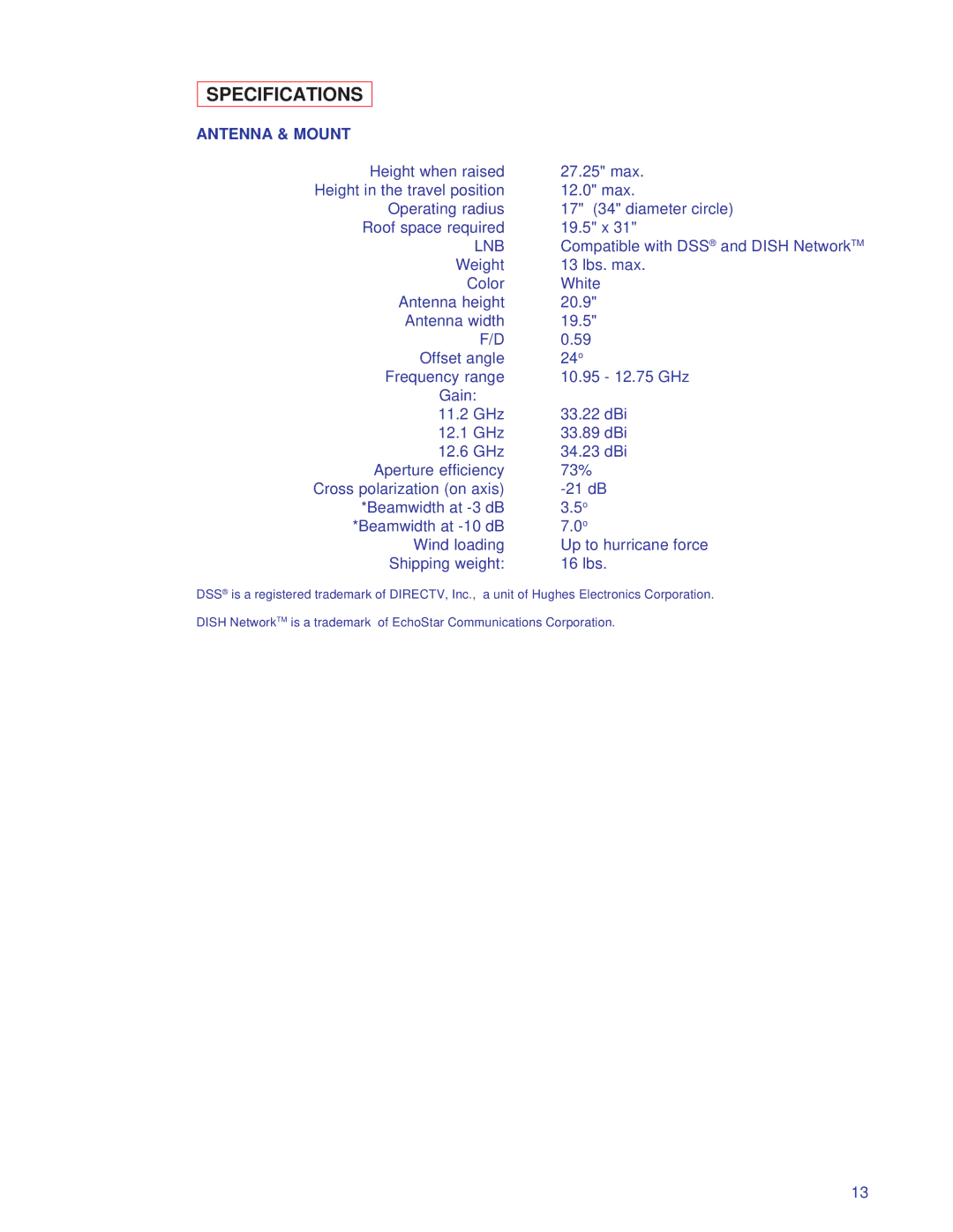 Winegard RD-4646, RD-4600 owner manual Specifications, Antenna & Mount 