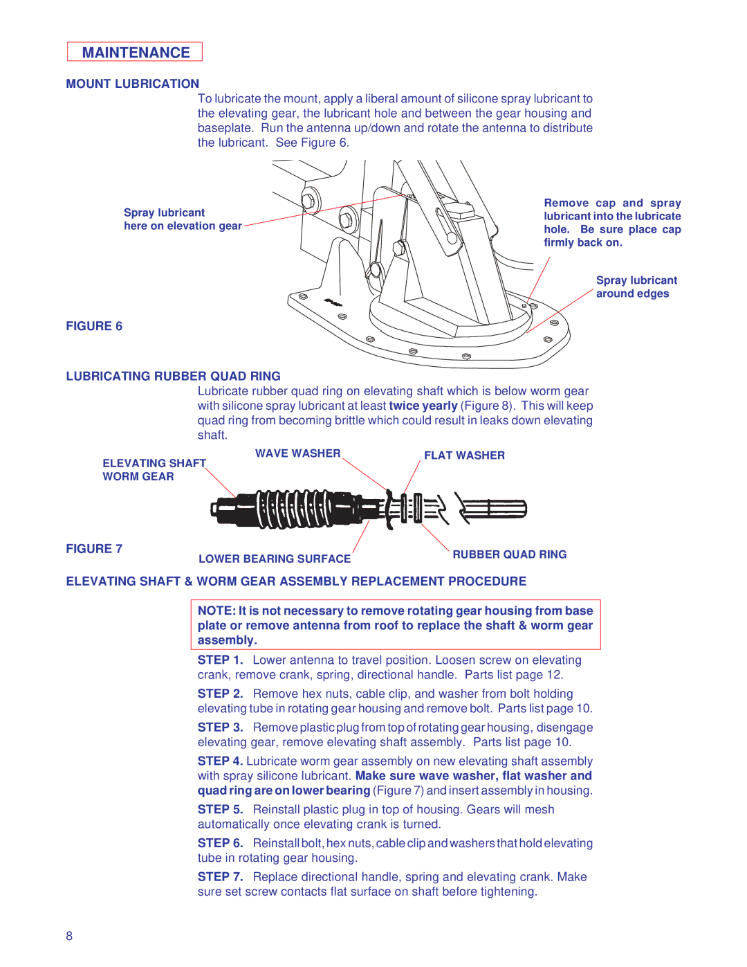 Winegard RD-4600, RD-4646 owner manual Maintenance, Mount Lubrication, Lubricating Rubber Quad Ring 