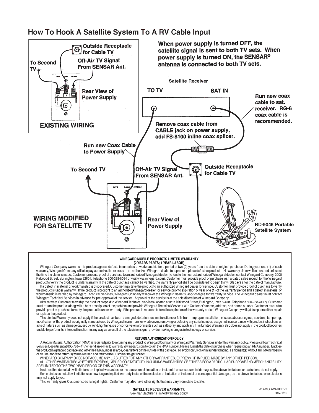 Winegard RD-9046, RD-9146 manual How To Hook a Satellite System To a RV Cable Input 