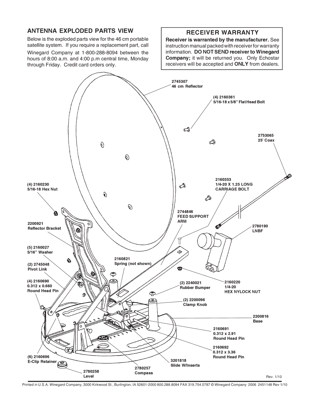 Winegard RD-9146, RD-9046 Antenna Exploded Parts View, Receiver Warranty, 20 X 1.25 Long Carriage Bolt, Feed Support ARM 