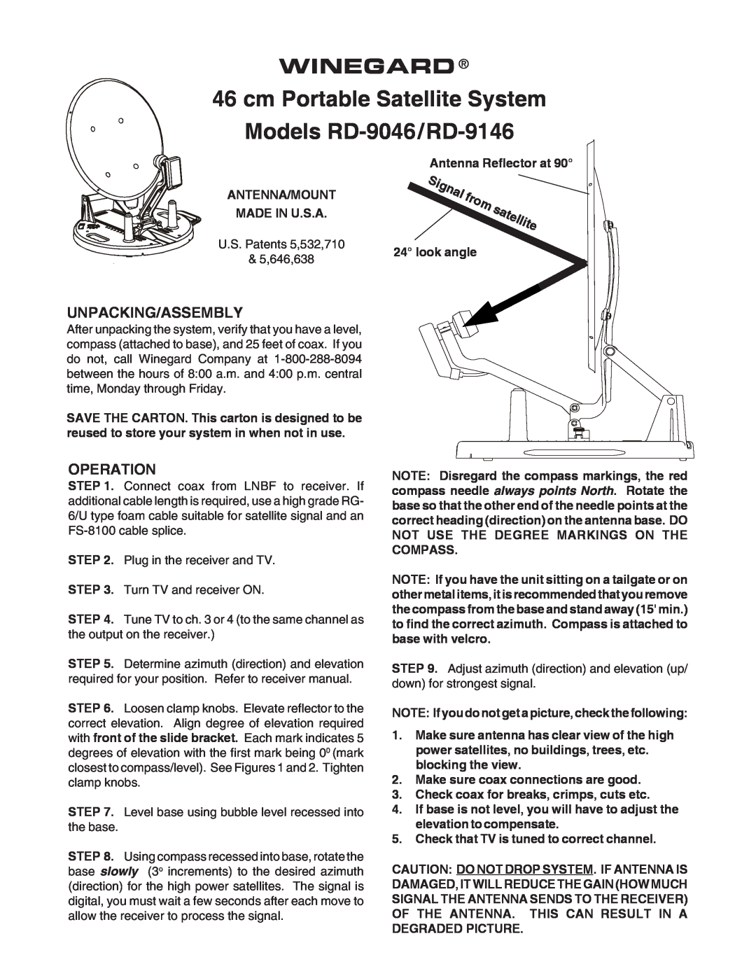 Winegard manual Unpacking/Assembly, Operation, Winegard, cm Portable Satellite System Models RD-9046/RD-9146 
