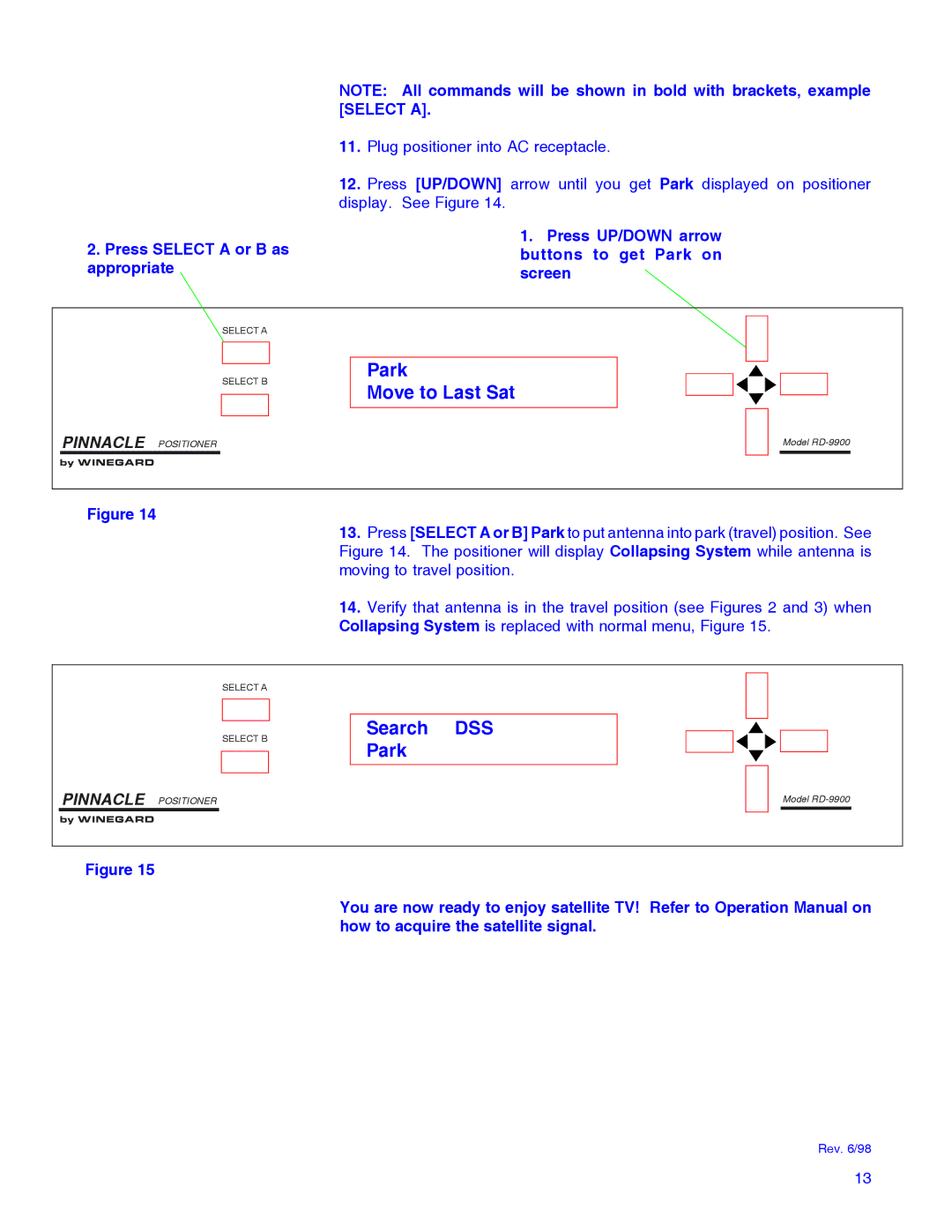 Winegard RD-9946 installation manual Park Move to Last Sat, Search DSS Park, Press Select a or B as appropriate 