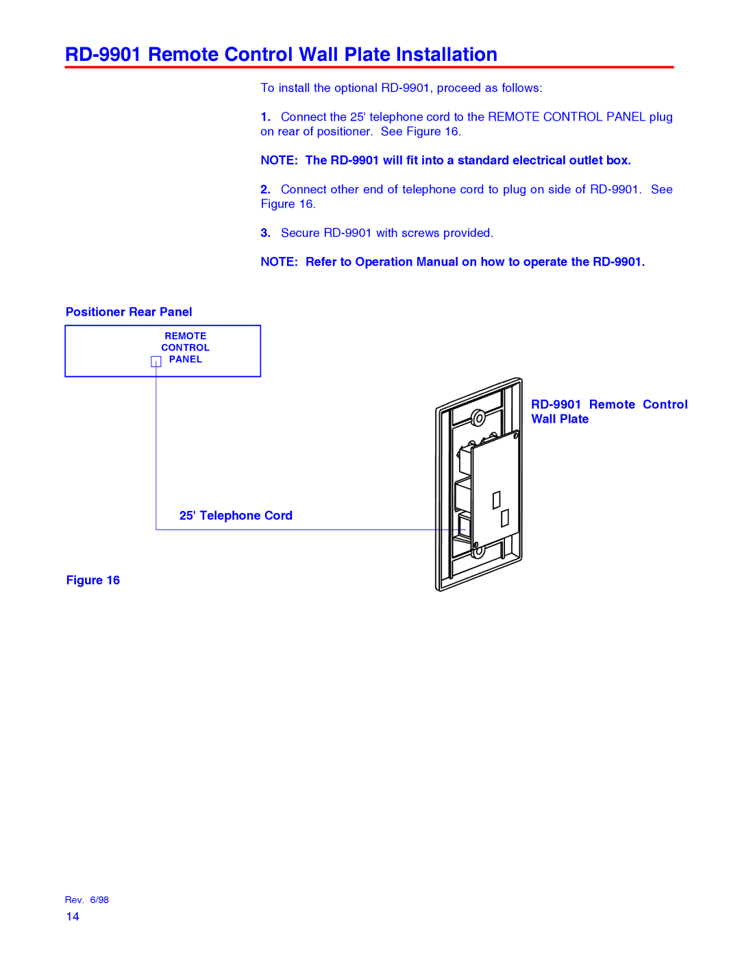 Winegard RD-9946 installation manual RD-9901 Remote Control Wall Plate Installation, Positioner Rear Panel 