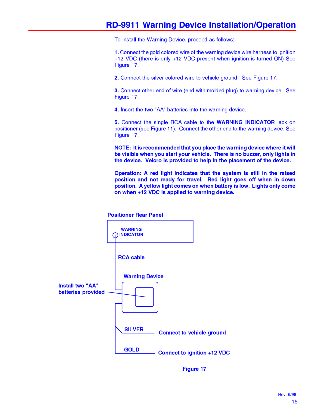 Winegard RD-9946 RD-9911 Warning Device Installation/Operation, RCA cable Install two AA batteries provided 