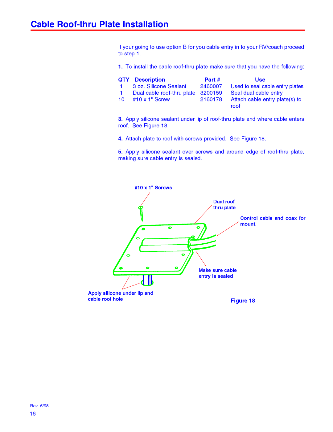 Winegard RD-9946 installation manual Cable Roof-thru Plate Installation, Qty, Description Use 