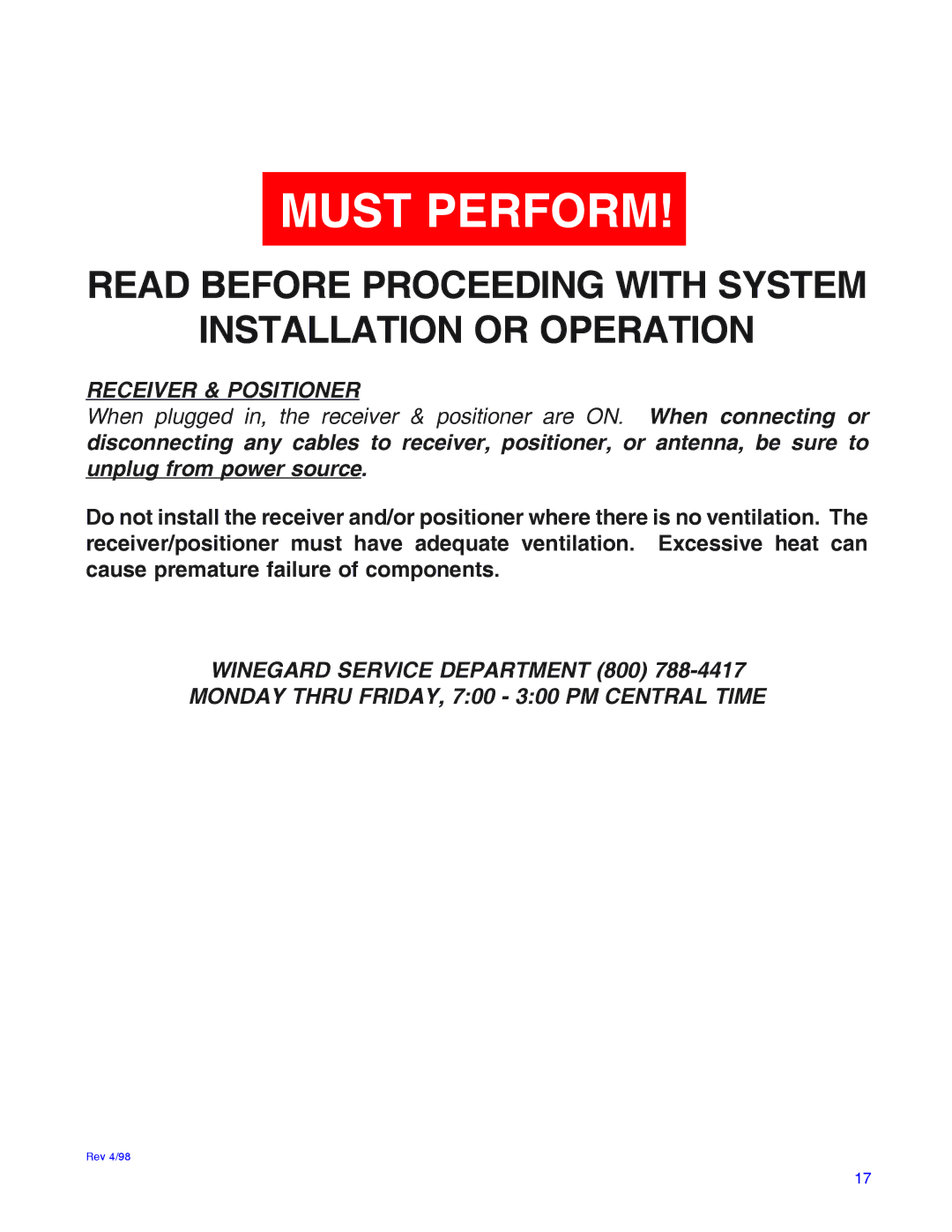 Winegard RD-9946 installation manual Must Perform 