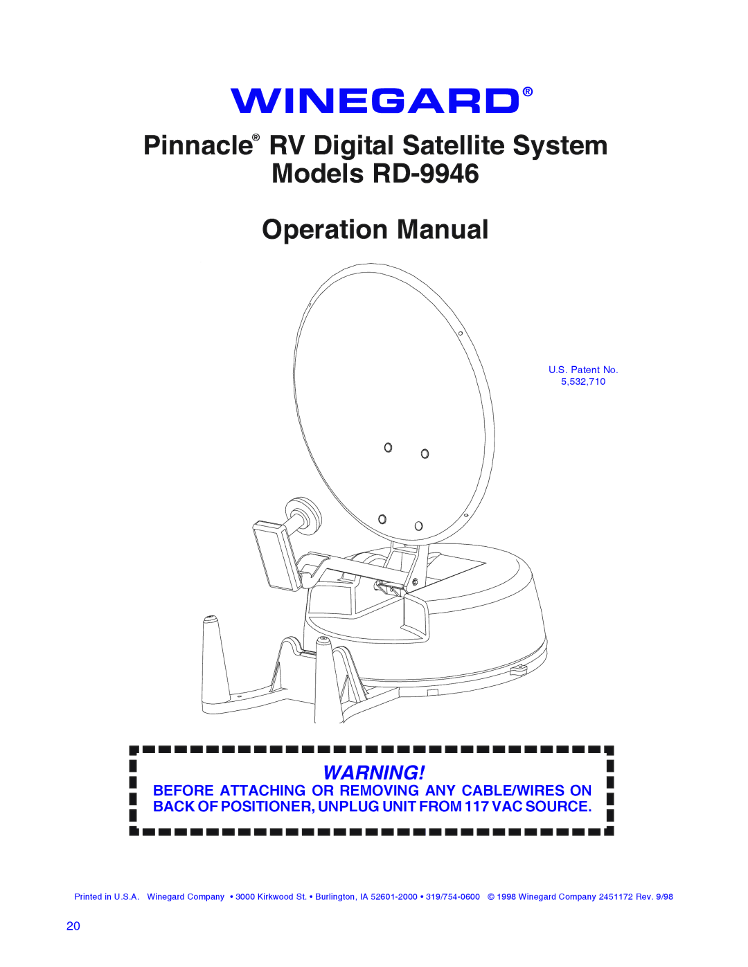 Winegard installation manual Pinnacle RV Digital Satellite System Models RD-9946 