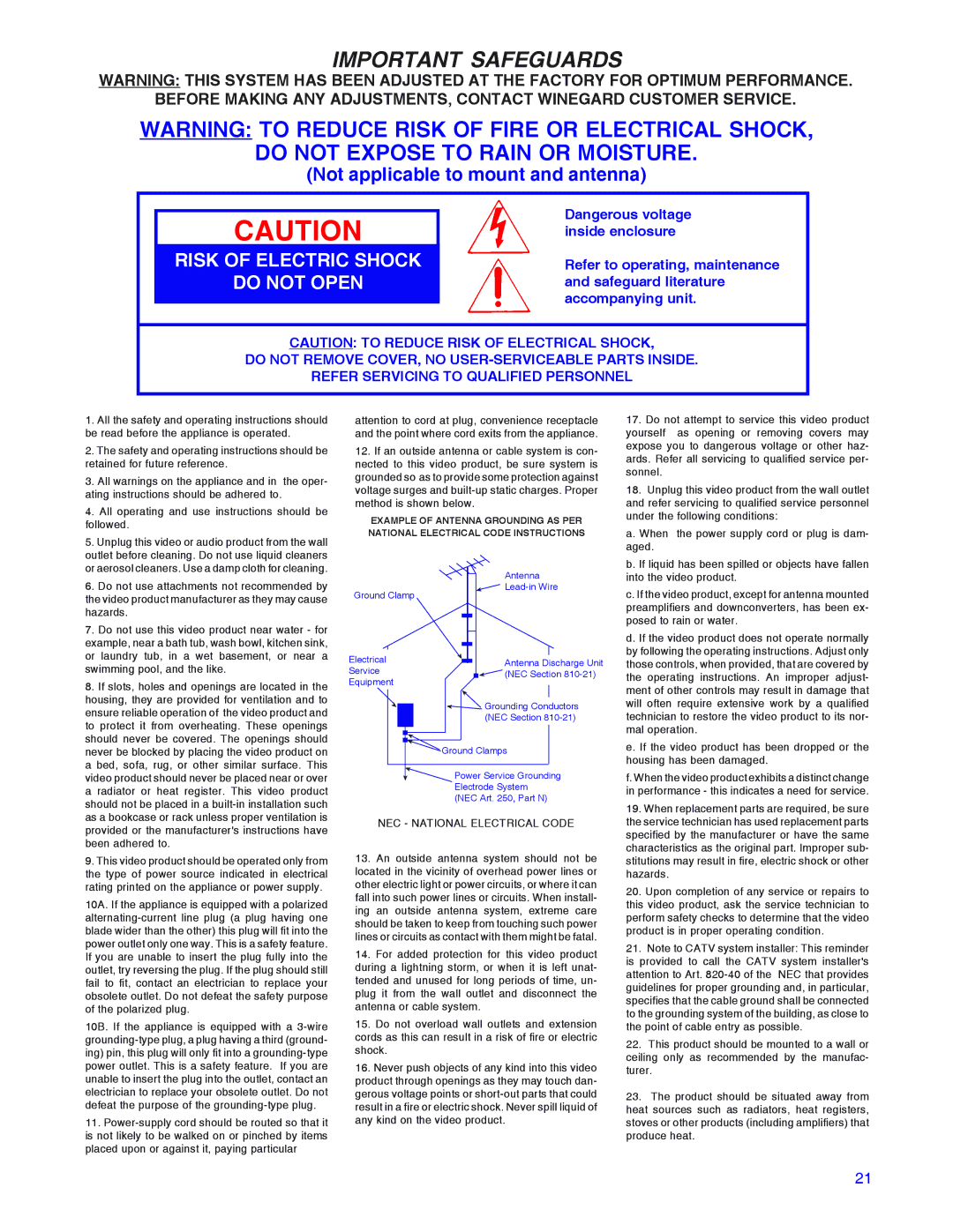 Winegard RD-9946 installation manual Important Safeguards 