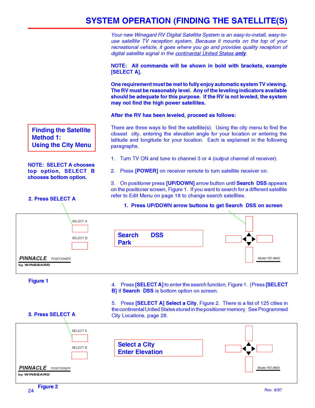 Winegard RD-9946 System Operation Finding the Satellites, Finding the Satellite Method Using the City Menu, Press Select a 