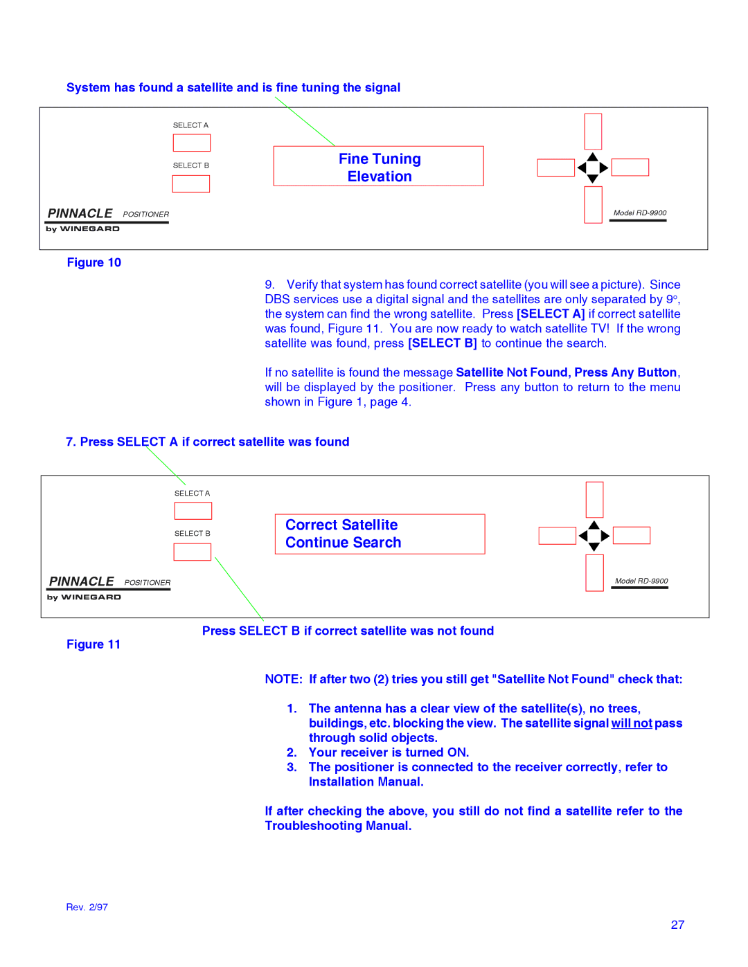 Winegard RD-9946 Fine Tuning Elevation, Correct Satellite Continue Search, Press Select a if correct satellite was found 