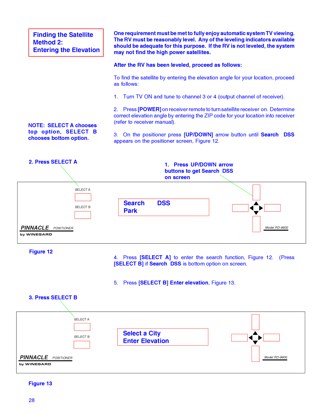 Winegard RD-9946 Finding the Satellite Method Entering the Elevation, Press Select B Enter elevation, Figure 