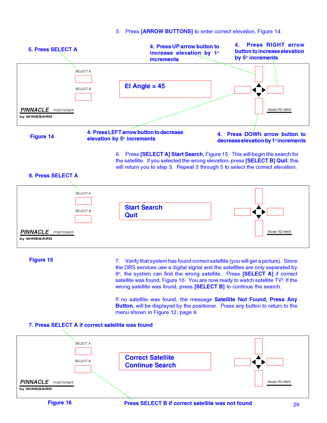 Winegard RD-9946 installation manual El Angle =, Press Select B if correct satellite was not found 