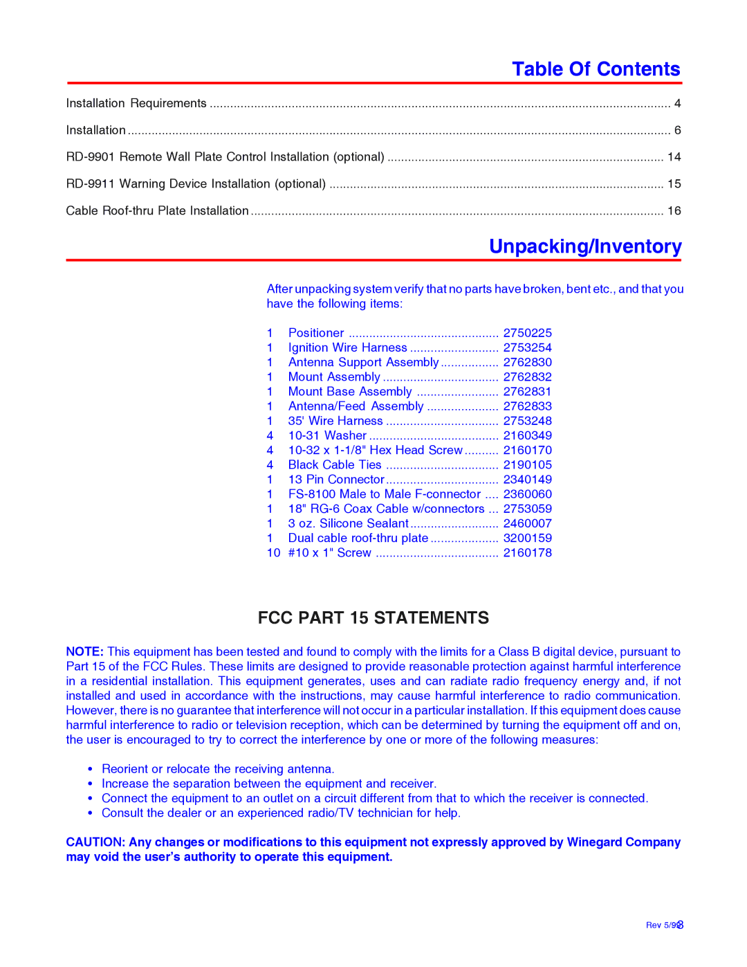 Winegard RD-9946 installation manual Table Of Contents, Unpacking/Inventory 