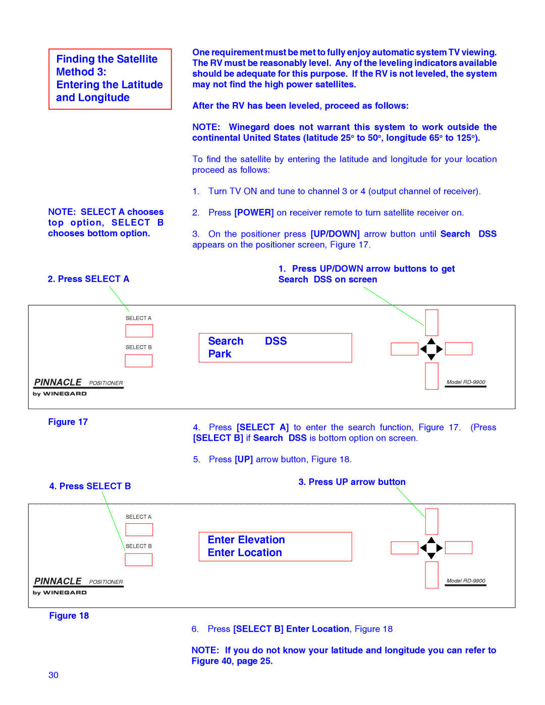 Winegard RD-9946 installation manual Enter Elevation Enter Location, Press Select B, Press UP arrow button 