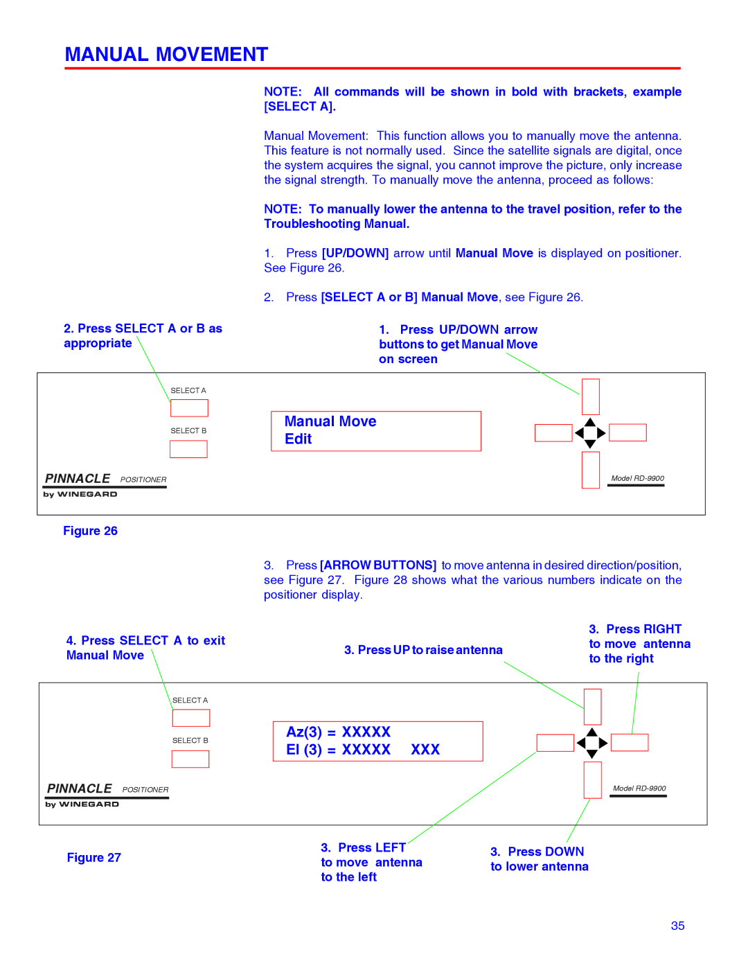 Winegard RD-9946 installation manual Manual Movement, Manual Move Edit, Az3 = El 3 = 