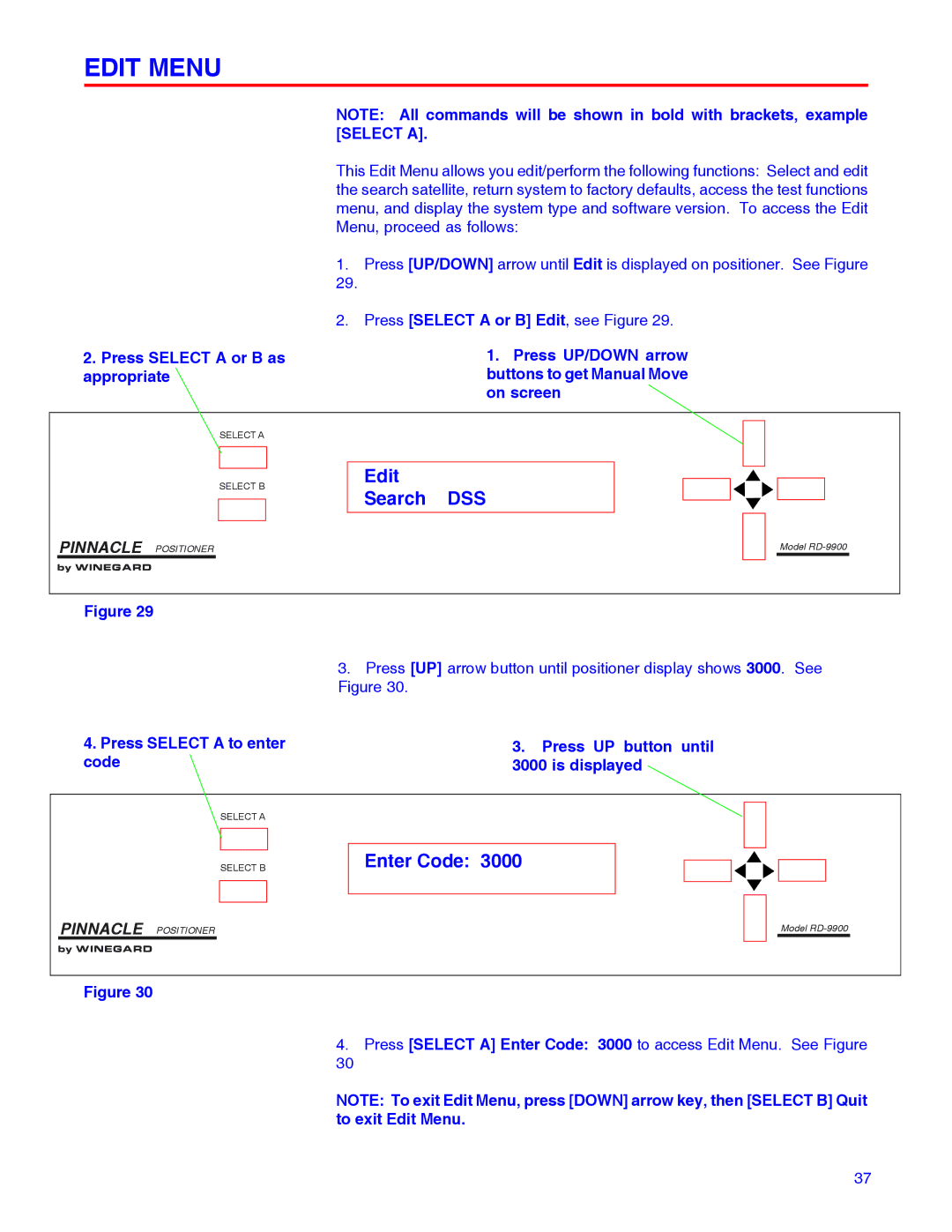 Winegard RD-9946 installation manual Edit Menu, Edit Search DSS, Enter Code, Press Select a to enter code 