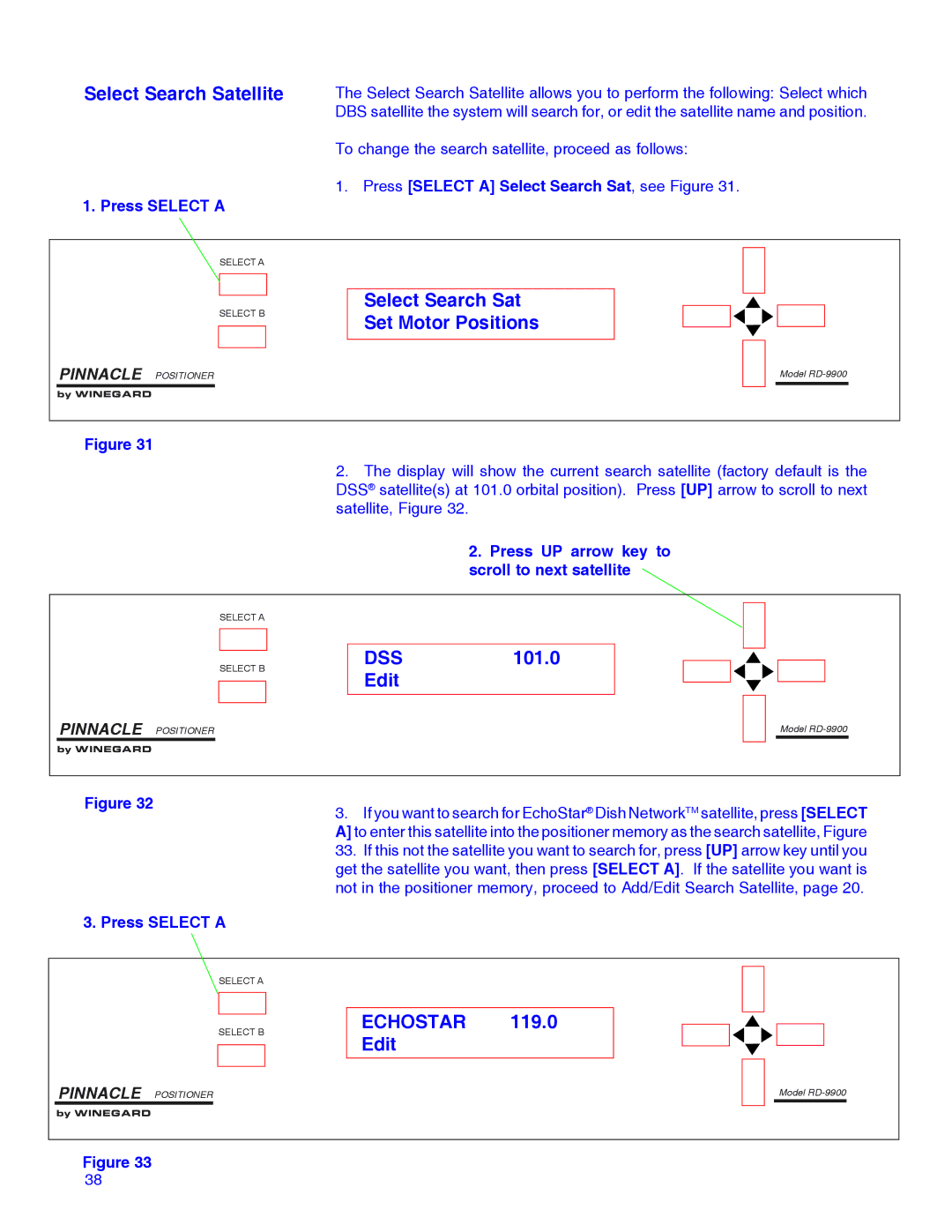 Winegard RD-9946 Select Search Satellite, Select Search Sat Set Motor Positions, 101.0, Echostar 119.0 Edit 