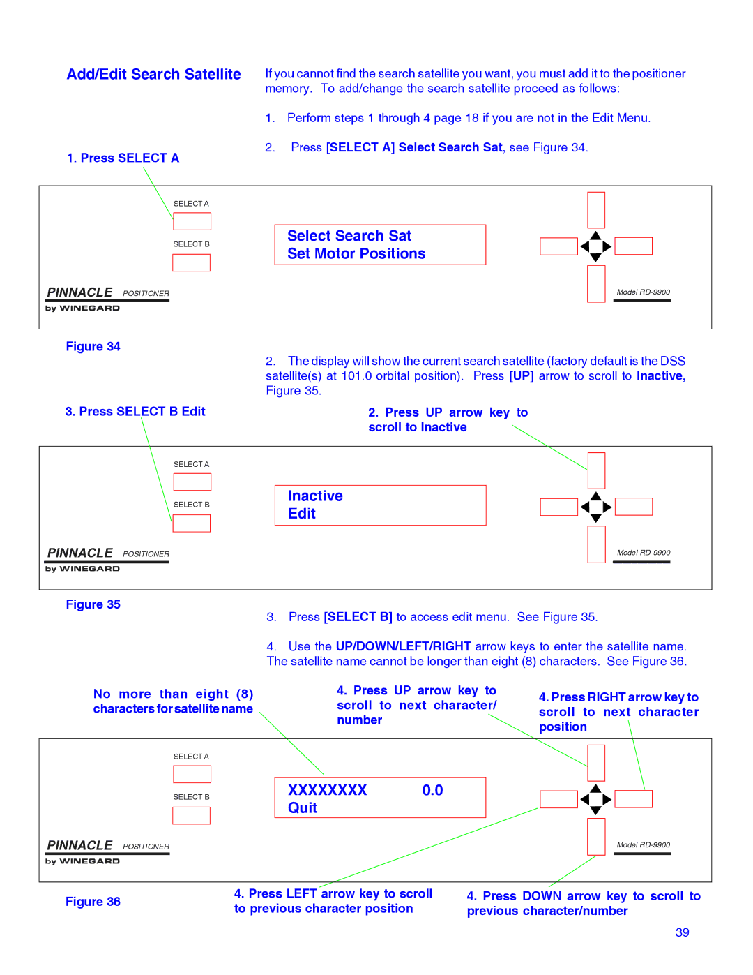 Winegard RD-9946 installation manual Add/Edit Search Satellite, Inactive Edit, Quit 