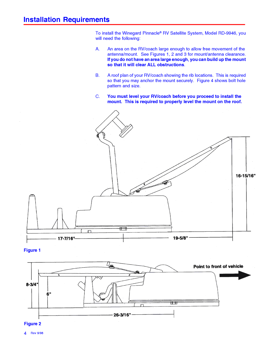 Winegard RD-9946 installation manual Installation Requirements 