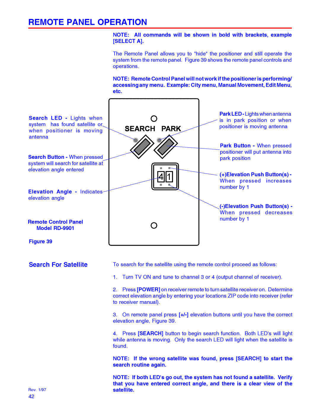 Winegard RD-9946 installation manual Remote Panel Operation, Search For Satellite, Search routine again 