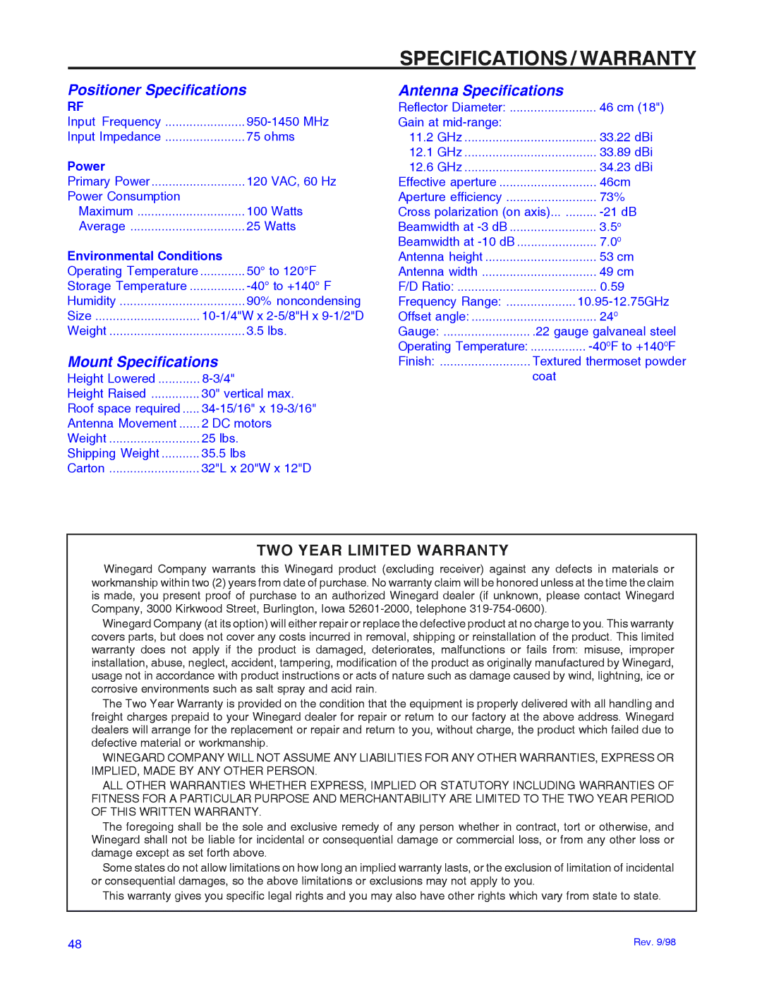 Winegard RD-9946 installation manual Power, Environmental Conditions 