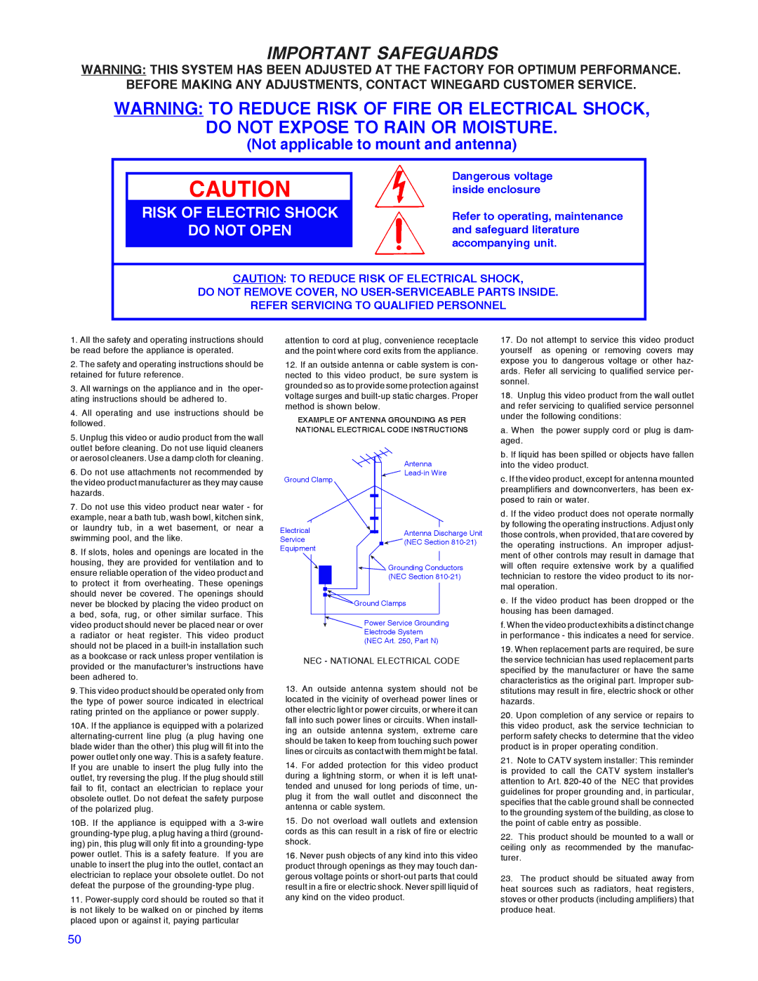 Winegard RD-9946 installation manual Important Safeguards 